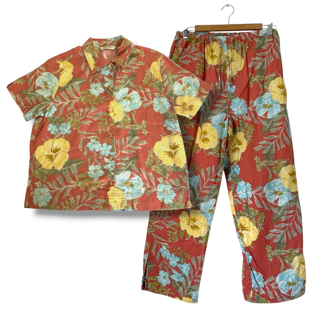 Three Hearts Floral Linen Set Womens S/M Terracotta Camp Tropical Coastal Resort